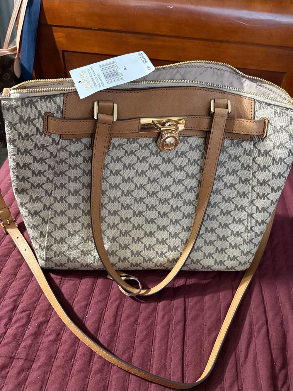 Michael Kors Beige Tan Logo Tote with Gold Lock